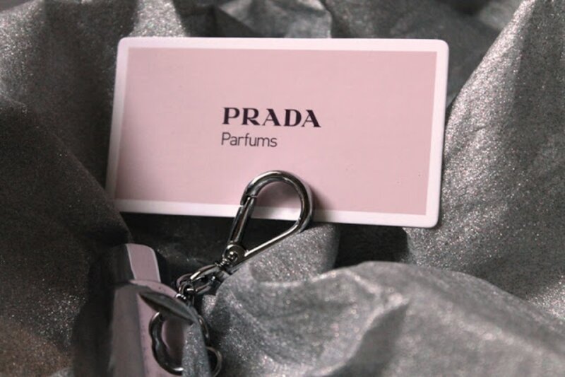 Amber by Prada metal perfume bottle, card and keychain