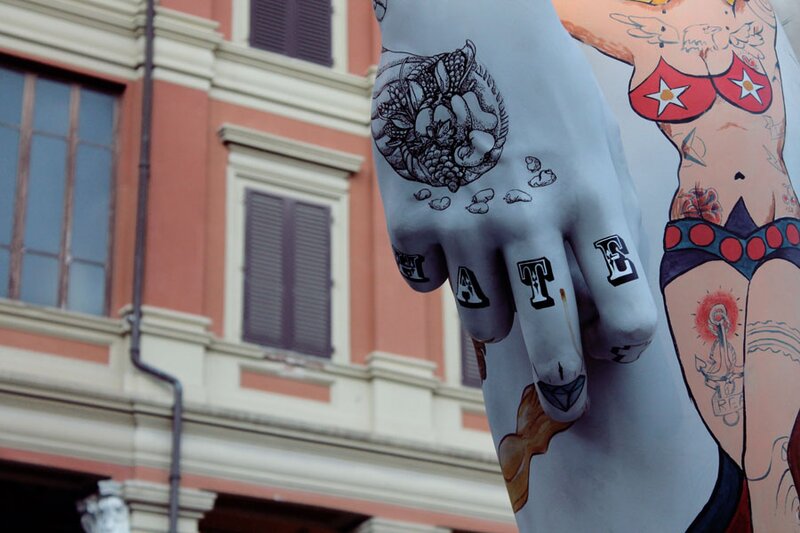 Hand close-up of Michelango's David statue recreation in Carrara