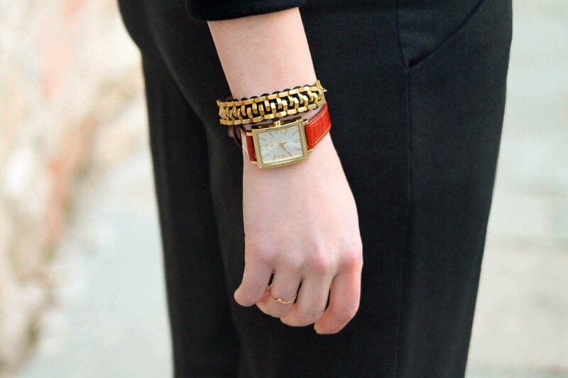 Fashion blogger Aurora Berill styling a Mutrah Nora bracelet from Apache Rose London with a Furla gold dress watch