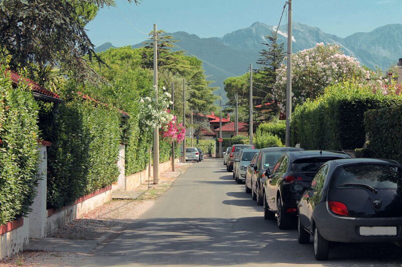 Apuan Alps viewed from a street in Forte dei Marmi