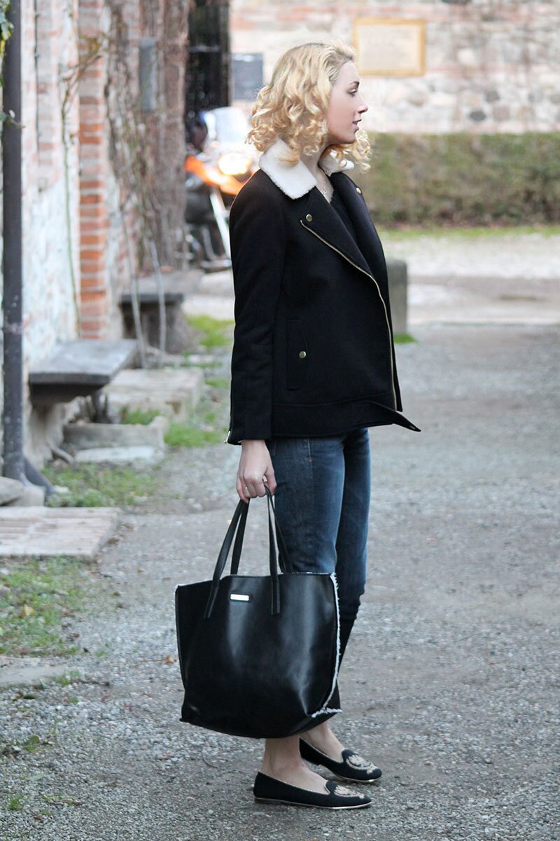 Fashion blogger Aurora Berill wearing H&M sherpa collar jacket and JQ Jeans ankle length jeans