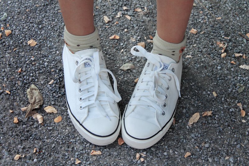 Fashion blogger Aurora Berill wearing white Kappa sneakers